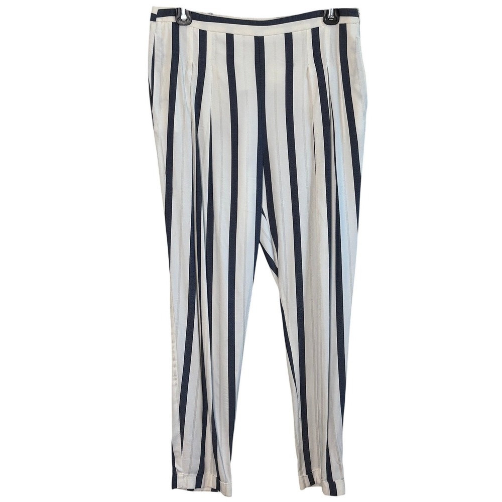 Zara Basic Womens Striped Tapered Trousers Navy White High Waist Pleated Size S